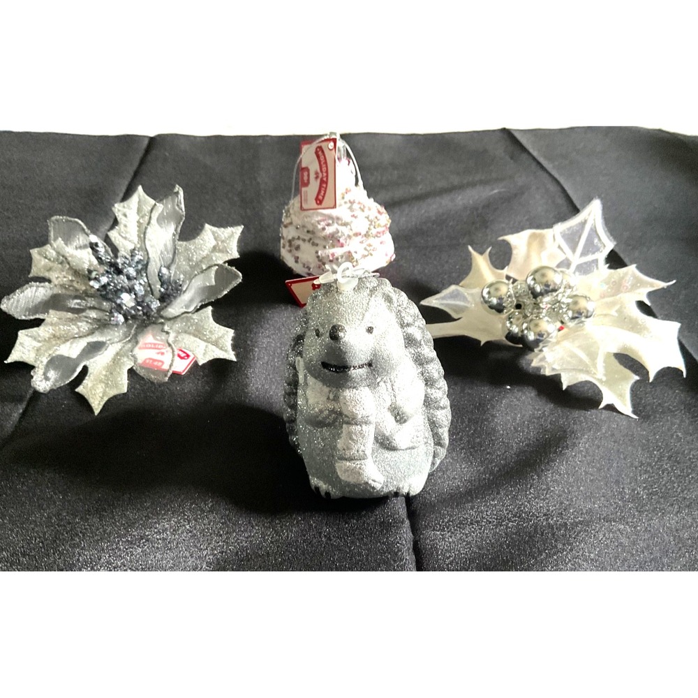 Lot4 Silver Glitter Ornaments Christmas Holiday Poinsettia, Holly, Hedgehog,cake - Picture 2 of 8